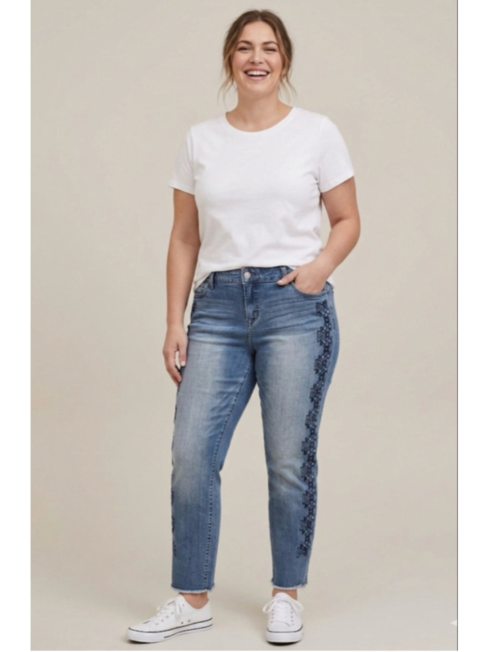 Torrid Plus Ankle & Cropped Jeans Size 16 Blue with Navy Embroidery